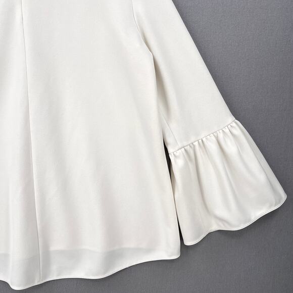 TIBI Ruffle Bell Sleeve Top Womens 4 Off White Chalky Drape Crew Neck Blouse - Picture 9 of 14